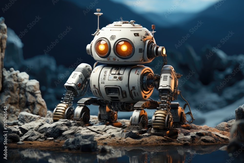 A playful robot with bright orange eyes perched atop rugged rocks in the great outdoors, ready for adventure