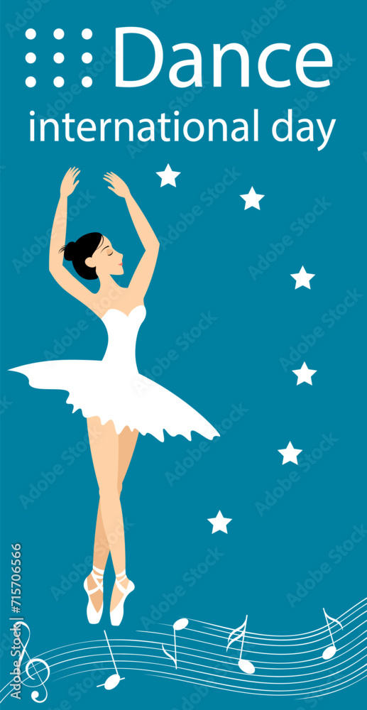 International Dance Day. Ballerina and stars on a blue background.