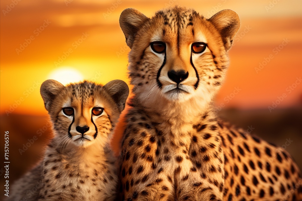 Majestic cheetah family roaming african savannah at sunset, capturing natures beauty Majestic cheetah family roaming african savannah at sunset, capturing natures beauty