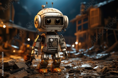 A playful toy robot stands tall on the rough ground, its lego pieces forming a sturdy foundation for its adventures in the dirt