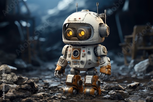 A futuristic robot stands tall on a rugged terrain, embodying the perfect blend of playfulness and adventure with its astronaut-inspired design and lego-like construction
