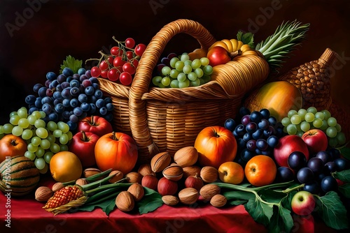 A realistic still life painting of a cornucopia made of woven straw  filled with a variety of fruits  vegetables  and nuts. The cornucopia is placed on a wooden table with a dark red tablecloth.