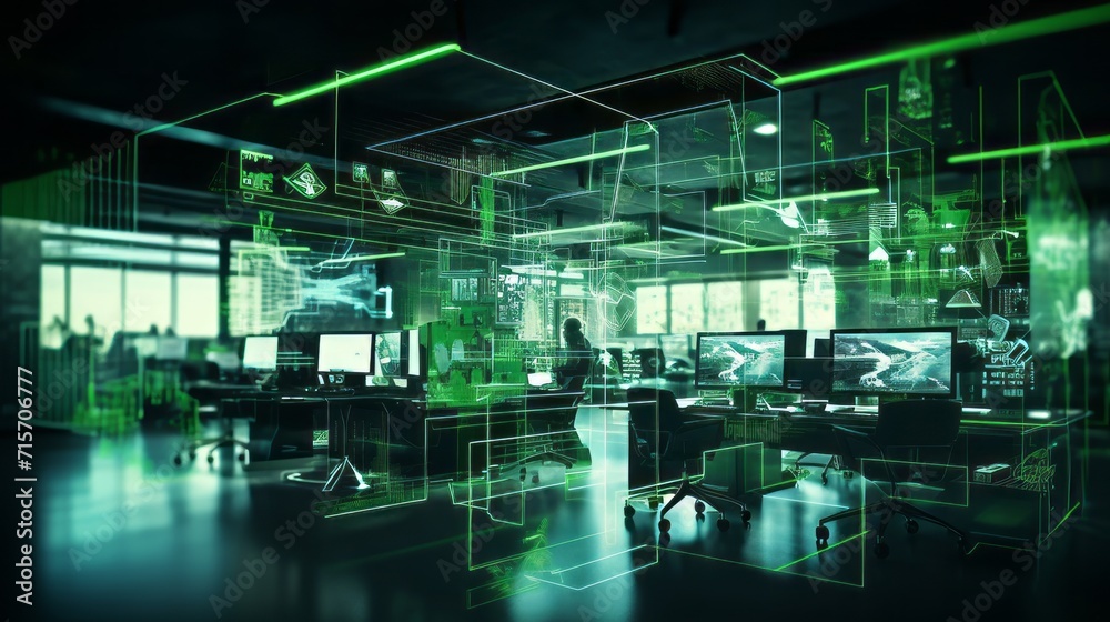 Blurred neon cyberpunk office: modern open space with it overlay for corporate strategy in finance, operations, and marketing Blurred neon cyberpunk office: modern open space with it overlay for corporate strategy in finance, operations, and marketing