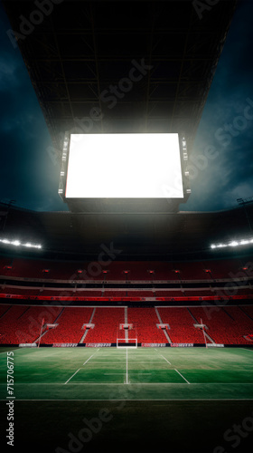 Impressive stadium with massive blank mockup scoreboard screen under spectacular evening lighting and empty stands ready for event branding. Sports event demo. Large scale advertisement of the stadium