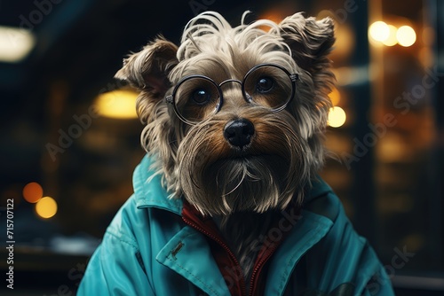 A stylish terrier with a sophisticated flair, sporting glasses and a coat, enjoys a day in the great outdoors as the ultimate pet fashion icon photo