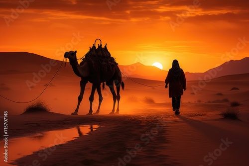 A lone figure leads a majestic arabian camel across the desert sands, as the fiery sun sets over the rugged mountains in the distance, creating a stunning landscape of beauty and solitude