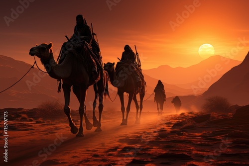 Amidst the vast desert  a caravan of travelers on majestic arabian camels ride towards the horizon  as the fiery sun sets behind the rugged mountains