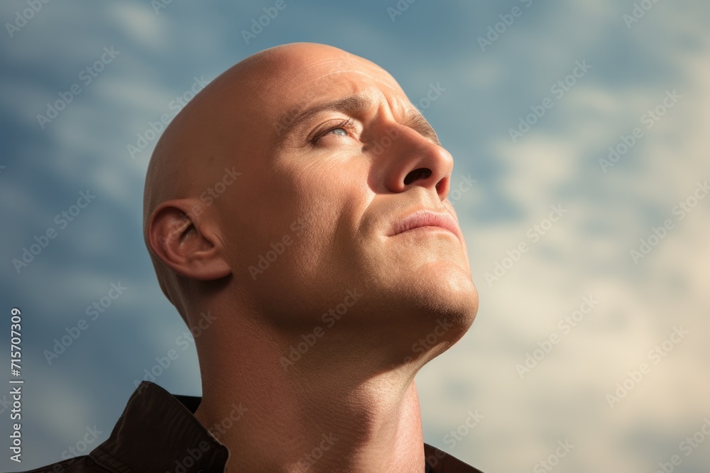 Close-Up Bald Man Looking Up with Shaved Head and Half Face View