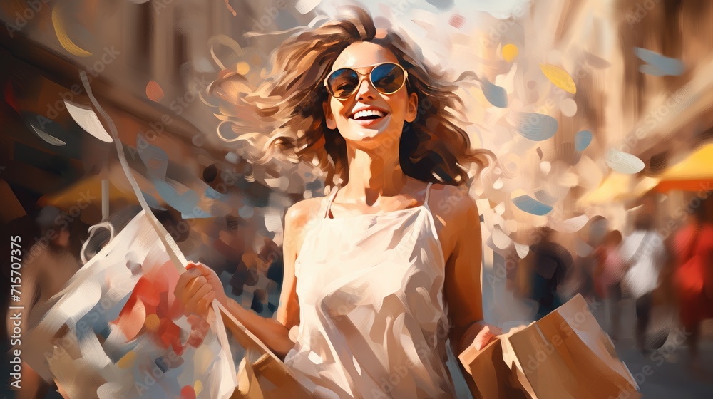 Young woman with shopping bags near mall. Spring Style. Consumerism, purchases, shopping, lifestyle, sale concept. space for text Young woman with shopping bags near mall. Spring Style. Consumerism, purchases, shopping, lifestyle, sale concept. space for text