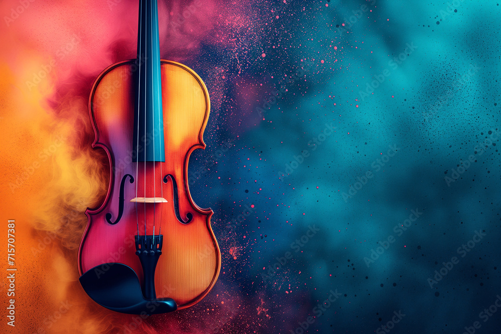 Violin in colorful powder explosion. Illustration of the violin enveloped in elements on black background. Lights and music and color