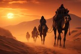 As the sun sets over the desert landscape, a group of cowboys ride their camels towards the mountains, the sky ablaze with shades of orange and purple