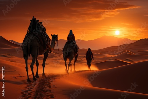 As the fiery sun sets over the majestic mountains, a group of adventurous individuals ride their camels through the endless sands of the sahara, creating a breathtaking outdoor scene of aeolian landf