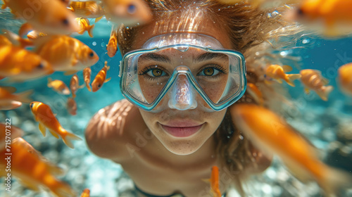woman in a mask diving underwater, snorkeling, ocean, swimming, coral reef, sea, blue water, beauty, fish, dive, summer, sport, vacation, active © Julia Zarubina