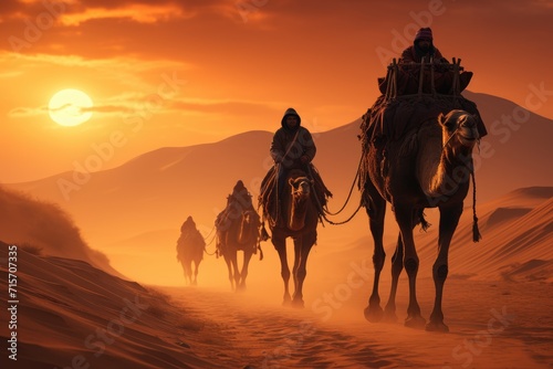 As the sun sets over the desert landscape  a group of cowboys ride their camels towards the mountains  the sky ablaze with shades of orange and purple