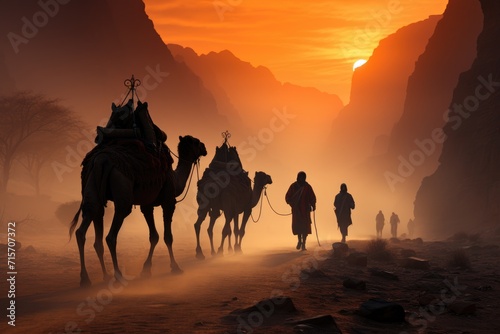 Amidst the ethereal fog  silhouettes of cowboys guide their majestic camels through the rugged landscape  as the sun sets behind the majestic mountains