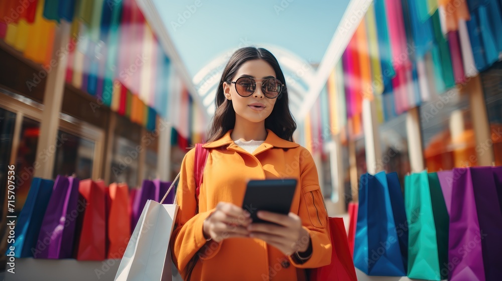 Young woman with shopping bags near mall. Spring Style. Consumerism, purchases, shopping, lifestyle, sale concept. space for text