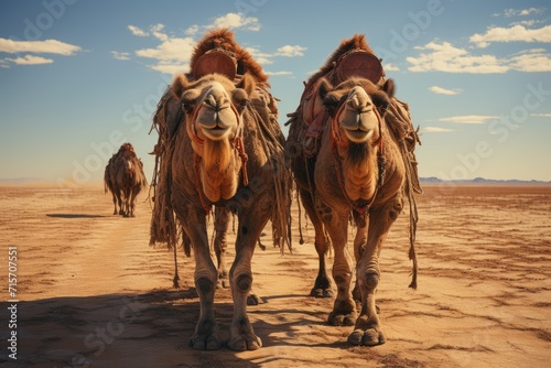 Silhouettes of majestic arabian camels traverse the sandy desert, under the vast blue sky, leaving imprints on the rugged ground as they journey towards unknown horizons