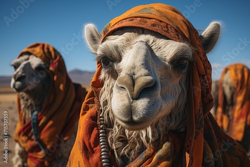 A majestic arabian camel stands tall against the vast desert landscape, its graceful form silhouetted against the clear blue sky as it gazes into the distance with stoic determination photo