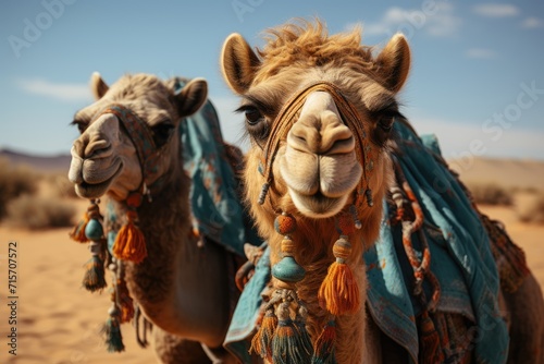 Two camels huddle together under the desert sky, their heads adorned with blankets, seeking refuge from the harsh outdoor elements