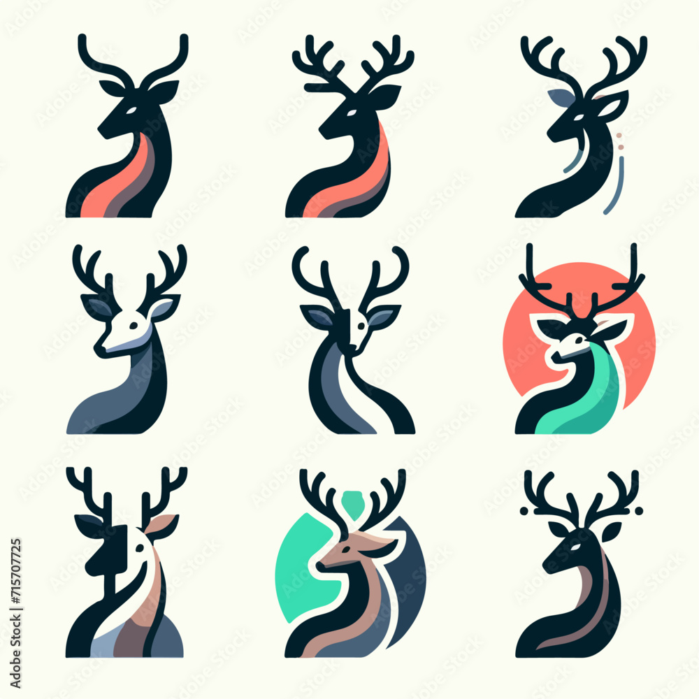 vector logo collection of 6 deer with firm shapes and calm colors. flat cartoon design that is simple and minimalist