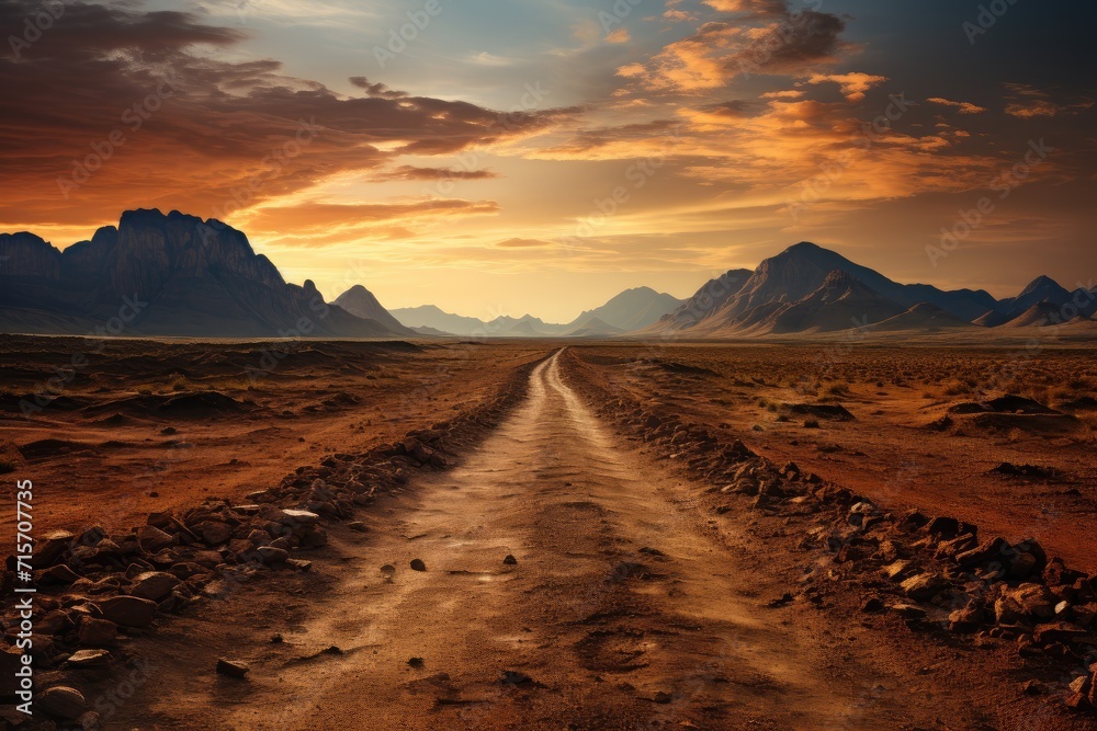 A winding dirt road leads through the vast desert landscape, under a vibrant sunset sky, towards the distant mountains on the horizon, in this stunning outdoor ecoregion