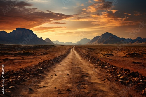 A winding dirt road leads through the vast desert landscape, under a vibrant sunset sky, towards the distant mountains on the horizon, in this stunning outdoor ecoregion