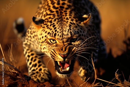 Dramatic image of leopard stalking and pouncing on antelope in vast african savannah photo