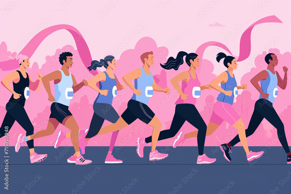 Athletes running a charity race to raise funds for cancer research, World Cancer Day, flat illustration Athletes running a charity race to raise funds for cancer research, World Cancer Day, flat illustration