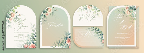Luxury arch wedding invitation card background with garden watercolor botanical roses and leaves. Abstract floral art background vector design for wedding and vip cover template.