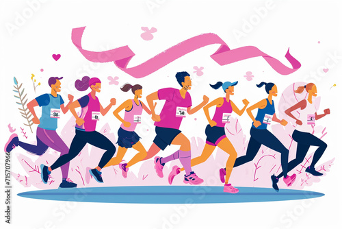 Athletes running a charity race to raise funds for cancer research  World Cancer Day  flat illustration