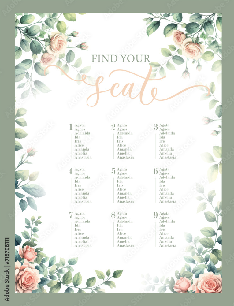 Find your seat. Seating plan for guests with table numbers and watercolor garden roses.