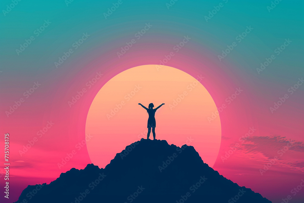 A silhouette of a person standing strong atop a hill, representing the fight against cancer, World Cancer Day, flat illustration