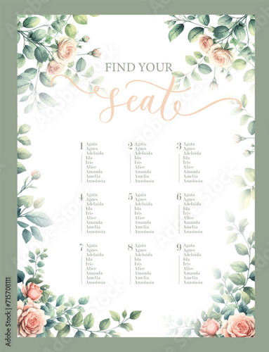 Find your seat. Seating plan for guests with table numbers and watercolor garden roses.