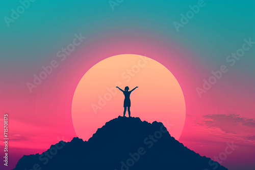 A silhouette of a person standing strong atop a hill  representing the fight against cancer  World Cancer Day  flat illustration