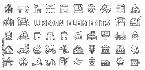 Urban icons in line design. City, country, town, infrastructure, travel, shop, tourism, map isolated on white background vector. Urban city editable stroke icon.