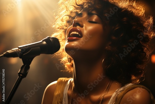 A captivating woman with a jheri curl pours her heart out into the microphone at a concert, her powerful voice filling the room with soulful music
