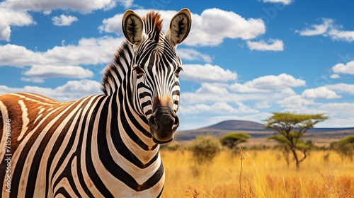 Graceful zebra in african savanna. majestic wildlife amidst golden grasslands and blue skies