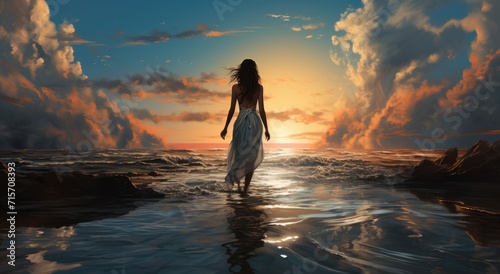 A lone figure in a flowing white dress strolls along the shoreline, her feet sinking into the soft sand as she is surrounded by the ethereal beauty of the sky and ocean, basking in the peaceful embra