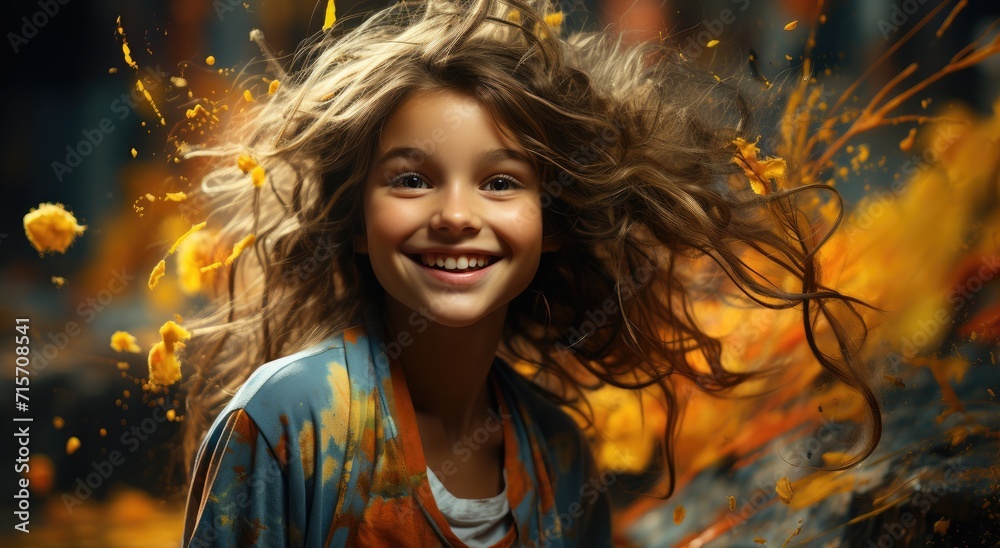 Captured in a moment of carefree joy, a young woman with a bright smile and flowing hair dances in the wind, her yellow clothing echoing the warmth of her spirit in this vibrant outdoor portrait Captured in a moment of carefree joy, a young woman with a bright smile and flowing hair dances in the wind, her yellow clothing echoing the warmth of her spirit in this vibrant outdoor portrait