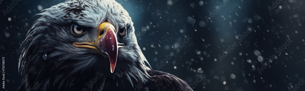 Majestic American Bald Eagle graphic banner with copy space. Close-up intense face portrait the national bird of the United States. - obrazy, fototapety, plakaty 