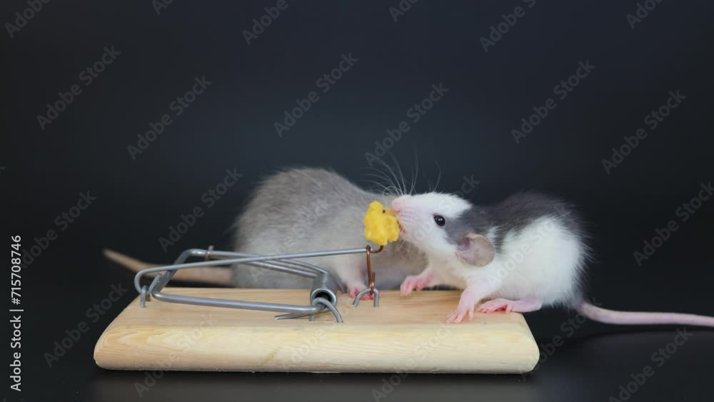 Two agouti and husky colored rats are sitting on a mousetrap. Rodents eat cheese. Isolated on a black background