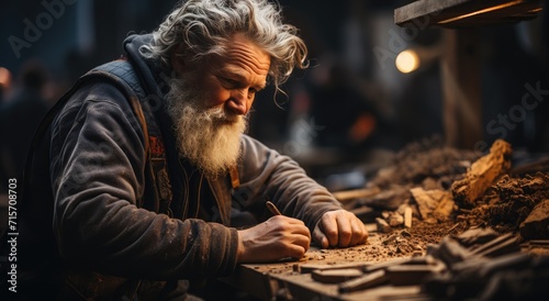 A rugged man with a bushy beard skillfully carves wood on a busy street, his clothing covered in sawdust as his determined face reflects the dedication of his craft