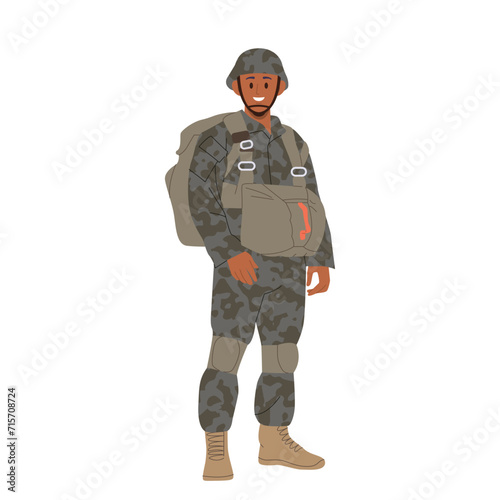 Happy smiling brave infantryman military soldier cartoon character wearing camouflage uniform
