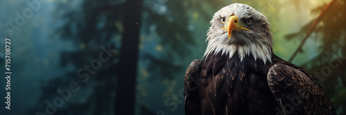 Majestic American Bald Eagle graphic banner with copy space. Close-up intense face portrait the national bird of the United States.