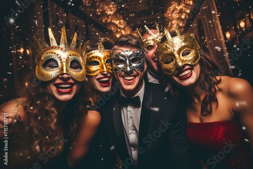 A group of friends wearing party masks, striking funny poses and capturing silly moments on a birthday celebration.