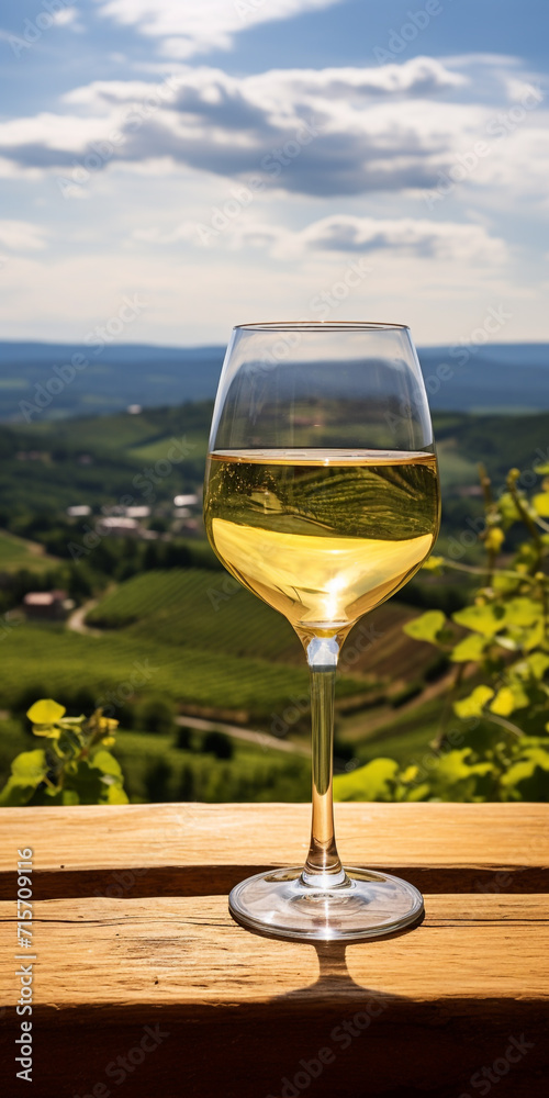 Wine glass with pouring white wine and vineyard landscape on a sunny day Wine glass with pouring white wine and vineyard landscape on a sunny day