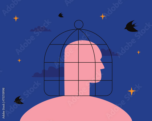 Silhouette of the profile of a man in a cage, against the background of the sky, clouds, stars and birds. Metaphor of cognitive distortions, mental disorder, depression.