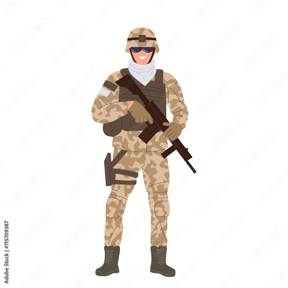 Sniper man cartoon character wearing military camouflage and bulletproof vest holding riffle Sniper man cartoon character wearing military camouflage and bulletproof vest holding riffle