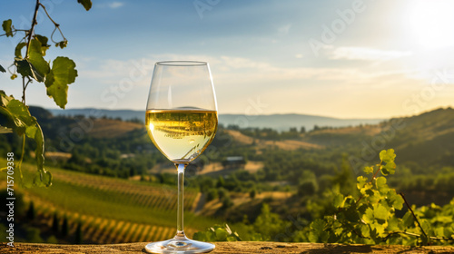Wine glass with pouring white wine and vineyard landscape on a sunny day