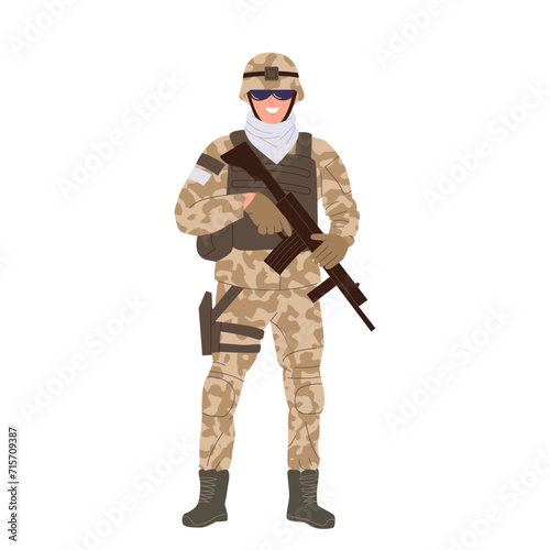 Sniper man cartoon character wearing military camouflage and bulletproof vest holding riffle
